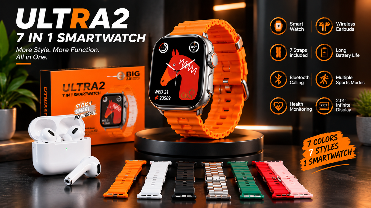 Smart Watch Ultra 7-in-1 Set  Fitness Smartwatch with 7 Interchangeable Straps for Men & Women